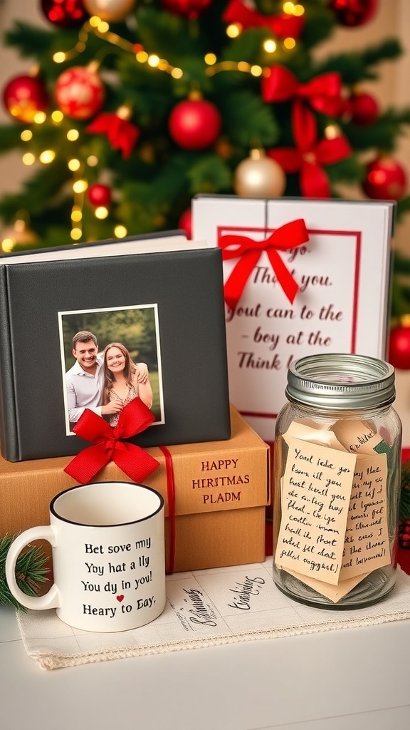 A collection of unique DIY Christmas gifts including a photo album, mug, and memory jar on a festive table.